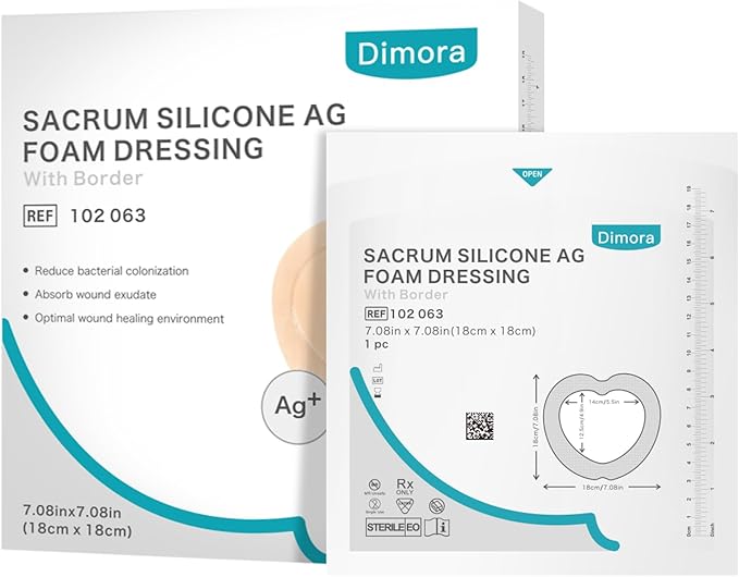 Dimora Ag Silver Sacrum Foam Wound Dressing Bandages Silicone Adhesive Border 7"x7" Waterproof Sacral Pads Absorbent Breathable Bed Sore Pressure Dressing
