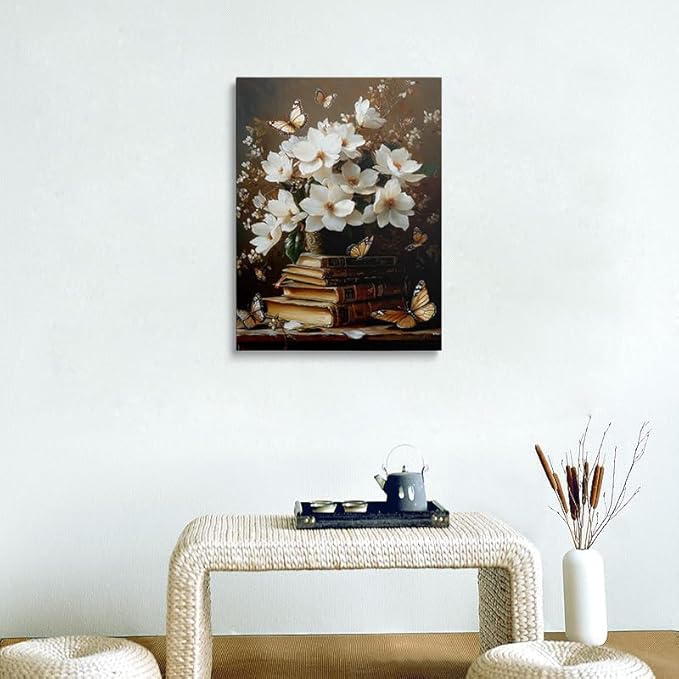 Framed Floral Book Butterfly Vintage Picture Wall Decor Gift Retro Bible Print Poster Rustic Painting Flower Canvas Wall Art for Living Room Bedroom Artwork (16"x24")