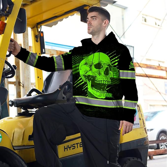 Matedecor Skull US Flag Reflective High Visibility Hoodie For Men Construction Hi Vis Safety Workwear Custom Name