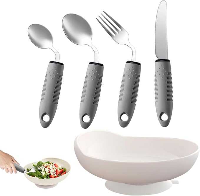 4Pcs Weighted Adaptive Utensils for Hand Tremors & Spill-Proof Scoop Plate with Suction Base – Practical Living Aids & Gifts for People with Parkinson's, Dementia, MS, Elderly & Disabled Adults