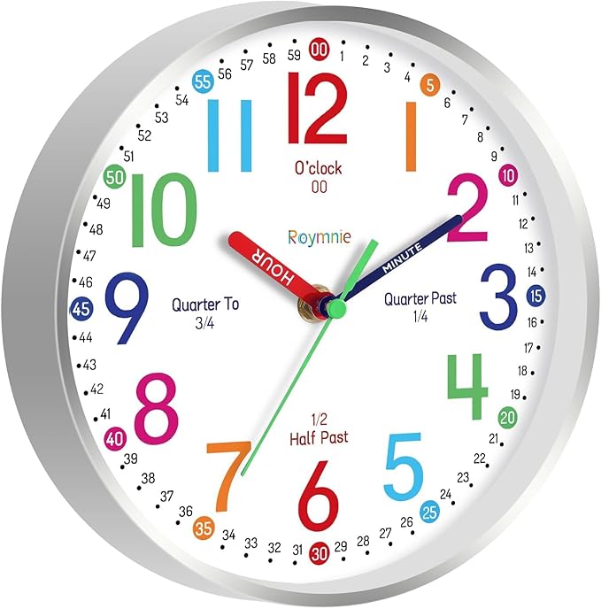 Wall Clock for Kids Learning to Tell Time Easily Non Ticking Battery Operated Kids Teaching Clock Silent Colorful Teaching Time Clock Decorative for Kids Room Classroom School (12 Inch)