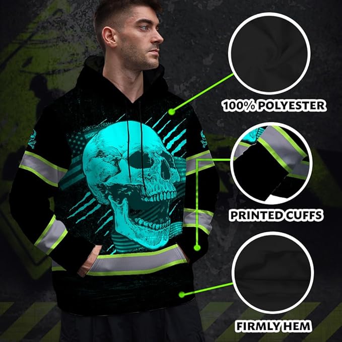 Matedecor Skull US Flag Reflective High Visibility Hoodie For Men Construction Hi Vis Safety Workwear Custom Name