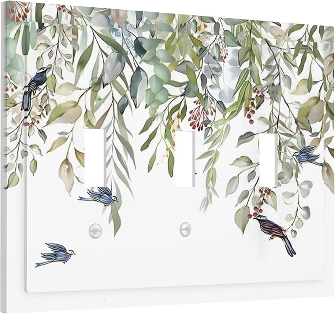 Green Leaf Eucalyptus Leaves Floral Bird Butterfly Decorative Switch Plates 3 Gang Wall Plate Triple Toggle Light Switch Cover Faceplate Electrical Wall Panels for Bed Room Living Room Decor