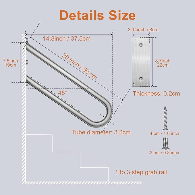 20 inch U Shaped Handrail for 1-3 Steps- 1.25" Tube, ZUEXT SUS304 Stainless Steel Safety Grab Bar for Stairs, Wall Mounted Hand Railing for Outdoor Garage Entry Interior Exterior Stairway