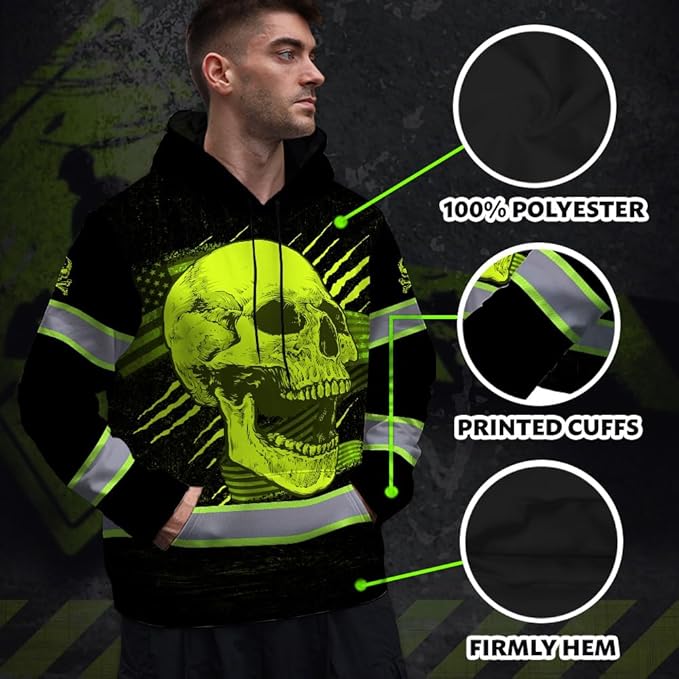 Matedecor Skull US Flag Reflective High Visibility Hoodie For Men Construction Hi Vis Safety Workwear Custom Name