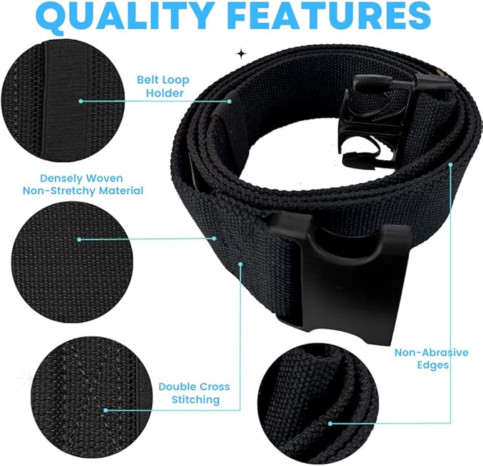 Gait Belt with Plastic Buckle by LiftAid - Transfer and Walking Aid with Belt Loop Holder for Assisting Therapist, Nurse, Home Care - 60"L x 2"W (Black)