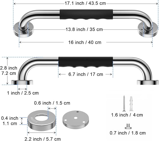 Anti-Slip Grab Bar Chrome 16 Inch - 1" Diameter, iMomwee 304 Stainless Steel Safety Grab Bars for Bathroom Toilet, Balance Support Handrail for Handicap Elderly Senior, Wall Mount Shower Assist Handle
