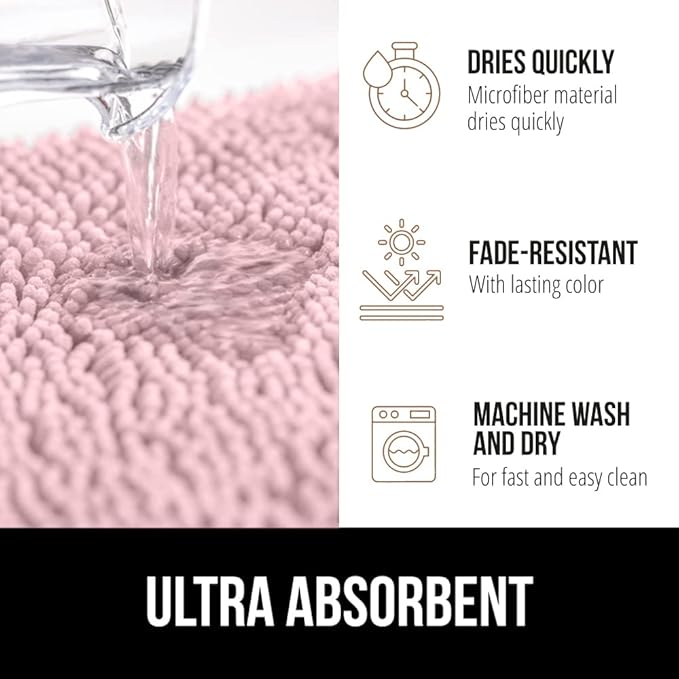 GORILLA GRIP Bath Rug Mat 44x26, Soft Absorbent Chenille, Quick Dry Microfiber Mats, Rubber Backing Washable Shower Floor Rugs, Bathmat Runner, US Designed Bathroom Home Decor Accessories Light Pink
