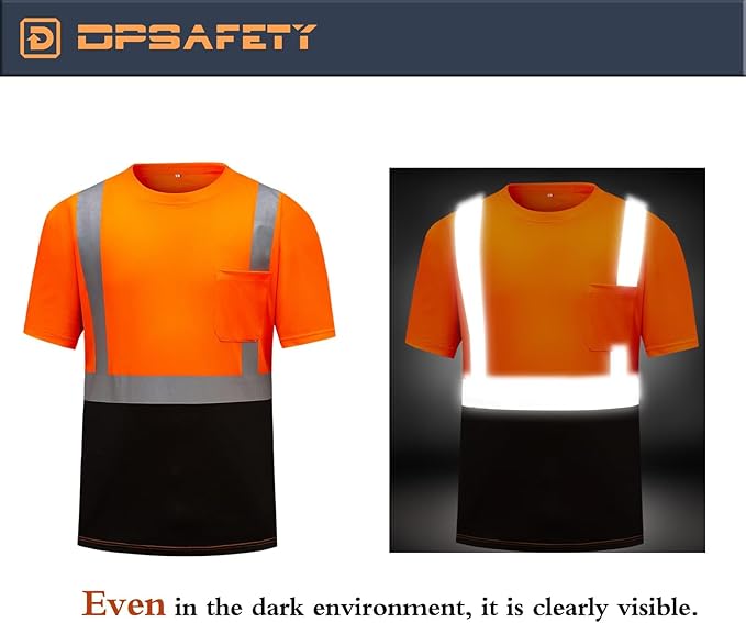 High Visibility Shirts Quick Dry Safety T Shirts with Reflective Strips and Pocket Short Sleeve Mesh Hi Vis Construction Work Class 2 Shirt for Men/Women Black Bottom Orange,Small