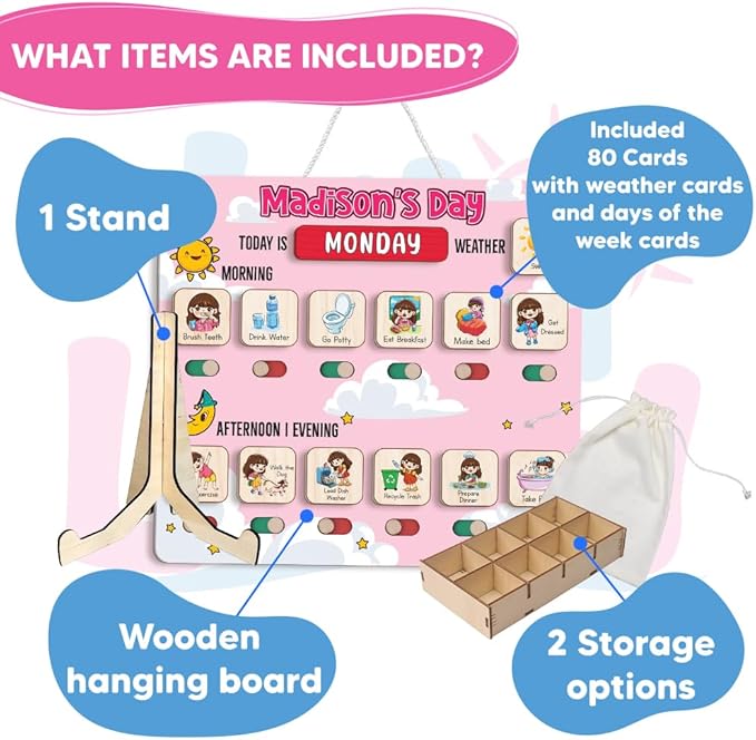 Personalized Wooden Chore Chart for Kids, Daily Routine Chart for Toddlers, Visual Schedule for Kids Age 3-5, Morning Bedtime Routine for Girls (03)
