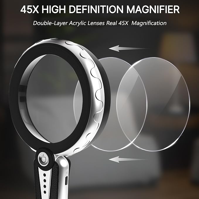45X Magnifying Glass with Light, 1200mAh USB Rechargeable, 6 Lighted Modes, Large Handheld Magnifier for Low Vision Seniors with Macular Degeneration, Reading, Jewelry, Coins - Black