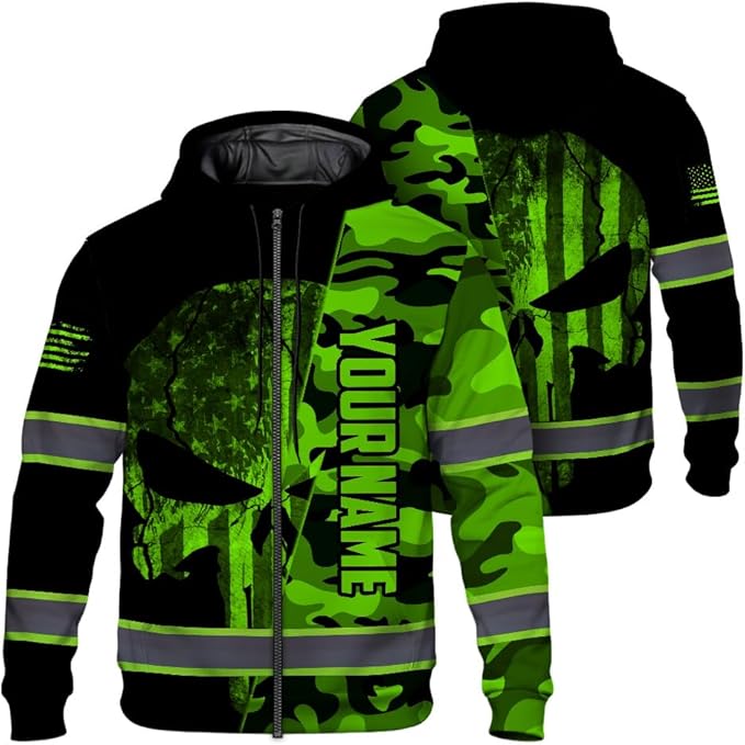Maddly Hi Vis Reflective Zip Up Hoodie, High Visibility Safety Jacket with Skull Design for runner, worker, trucker, cyclist
