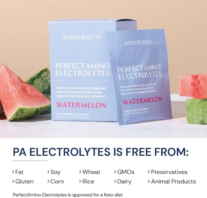 BodyHealth PerfectAmino Electrolytes Powder No Sugar, Keto Sugar Free Fasting Electrolytes Drink Mix, Hydration Powder with Trace Minerals - Watermelon - 15 Servings
