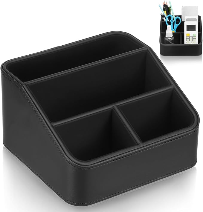 PU Remote Control Holder, Small Desk Organizer Office Supply Bedside Caddy for Nightstand End Table Remote Organizer with 3/4 Compartment (Black)(4 grids)