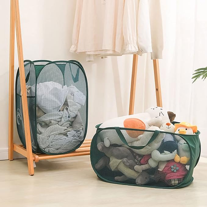 4 Piece Popup Mesh Laundry Basket Durable Handles Collapsible Laundry Baskets Folding Clothes Pastic Hamper for Laundry Room College Dorm (Gray/Black/Navy blue/Green)