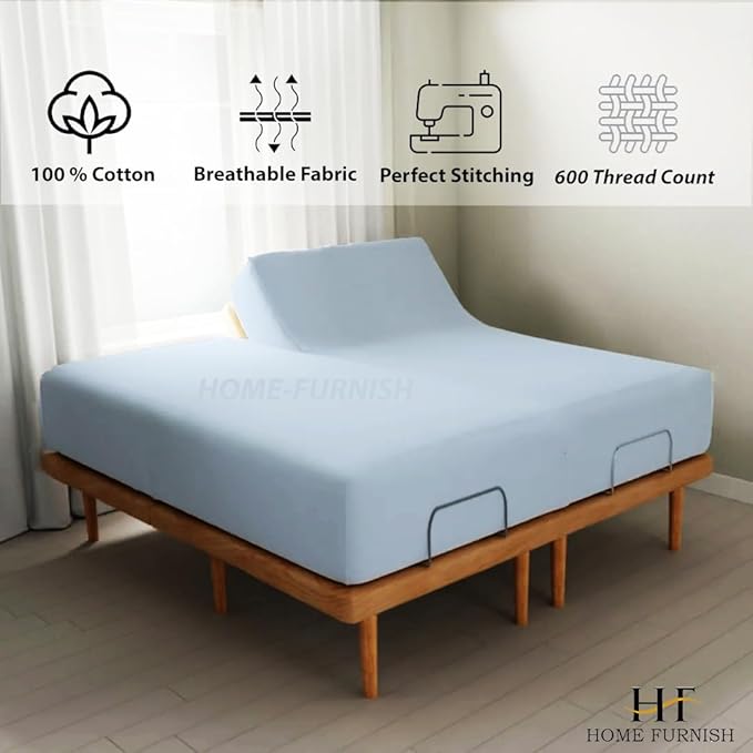 Top Split King Fitted Sheet Only for Adjustable beds, Split Down 39 inches from The Top, 600 Thread Count 100% Cotton Half Split Flex Head Fitted Sheet for Sleep Number Beds, Light Blue
