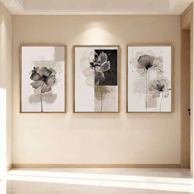 IARTTOP Framed Black Neutral Large Canvas Wall Art 16x24 Inch Minimalist Abstract White Tan Brown Flower Wall Decor Set of 3 for Living Room Bedroom Dining room