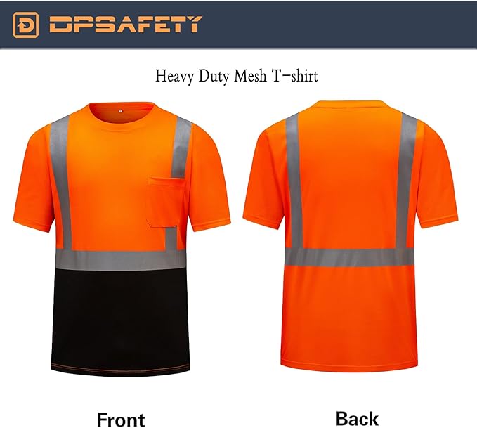 High Visibility Shirts Quick Dry Safety T Shirts with Reflective Strips and Pocket Short Sleeve Mesh Hi Vis Construction Work Class 2 Shirt for Men/Women Black Bottom Orange,4XL
