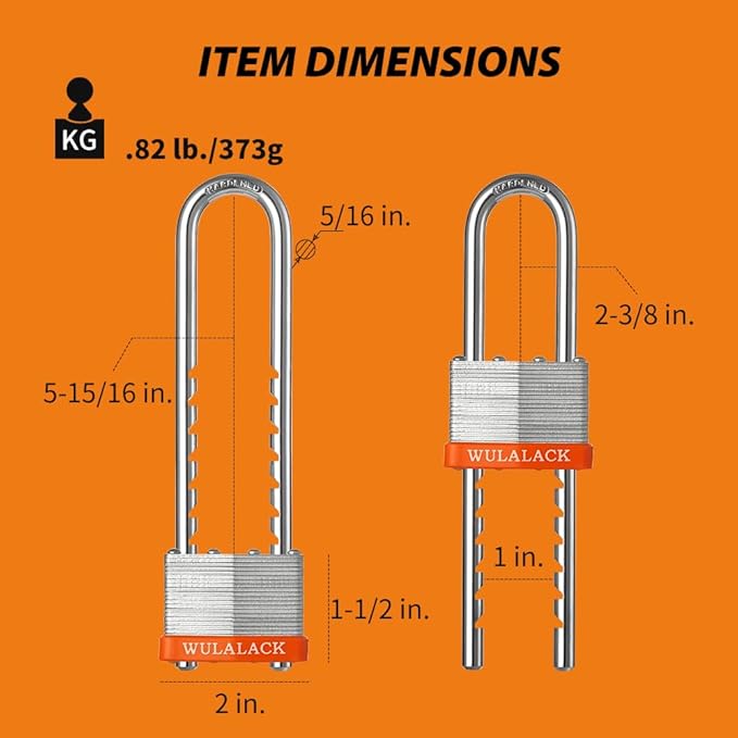 Padlock with Key, WULALACK 2 inch Wide Heavy Duty Laminated Steel Keyed Padlock with Adjustable Shackle, Long Shackle Pad Lock with 2 Keys