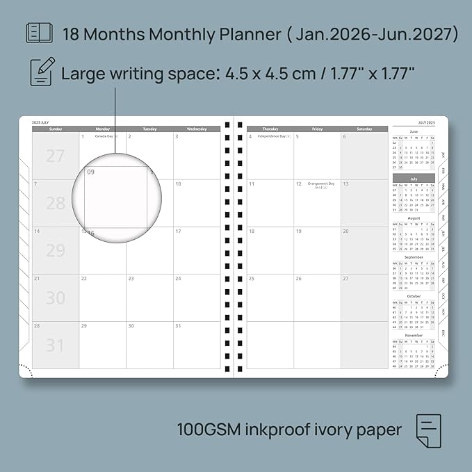 POPRUN Monthly Planner 2026-2027 (Large 8.5" x 10.5") 18 Months Calendar (Jan 2026 - Jun 2027) - 4 Pages per Month with Expense & Notes, Stair-like tabs, Leather Cover, Sunday Starts - Grey