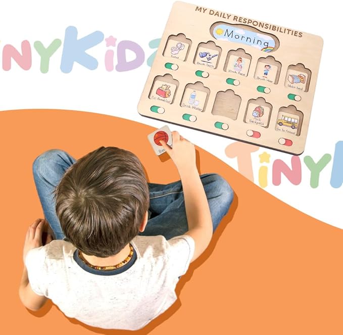 Wooden Chore Chart for Kids Visual Schedule, Routine Chart for Kids, Morning Bedtime Routine Chart for Toddlers Ages 2-4, Daily Kids Schedule Board for Home (02)