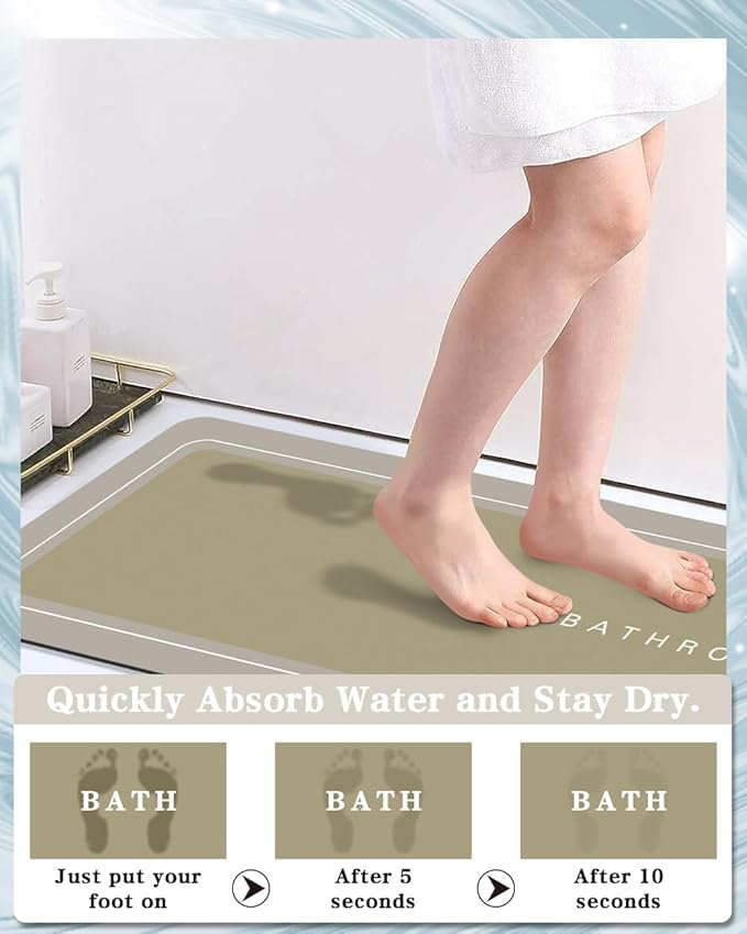 Bath Mat, Bathroom Mat Rugs Super Absorbent Shower Mats Non Slip Quick Dry Thin Rubber Mats for Bathroom Floor Fit Under Door, Shower Rug for Bathtub, Shower, Beige