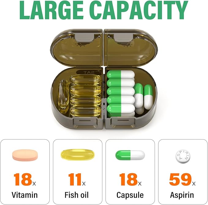 Weekly Pill Organizer 2 Times a Day, Moisture-Proof, Detachable Compartments, AM PM Pill Box 2X 7 Day, Travel Pill Organizer for Pills/Fish Oil/Medication/Vitamin/Supplements (Brown)
