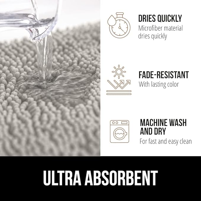 GORILLA GRIP Bath Rug Mat 48x17, Soft Absorbent Chenille, Quick Dry Microfiber Mats, Rubber Backing Washable Shower Floor Rugs, Bathmat Runner, US Designed Bathroom Home Decor Accessories Light Gray