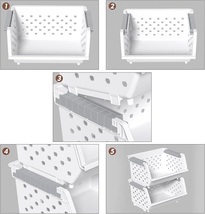 4 Pack Plastic Stacking Basket Organizer, Large Kitchen Open Front Stacking Storage Bins, White