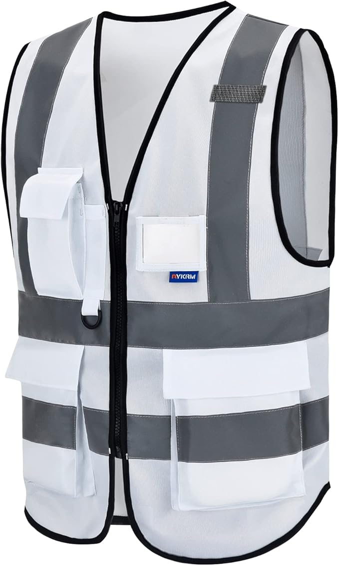 A-SAFETY Hi Reflective Safety Vest,Hi Vis Bright Neon Colors Safety Vest with 4 Reflective Strips 7 Pockets(White XL)