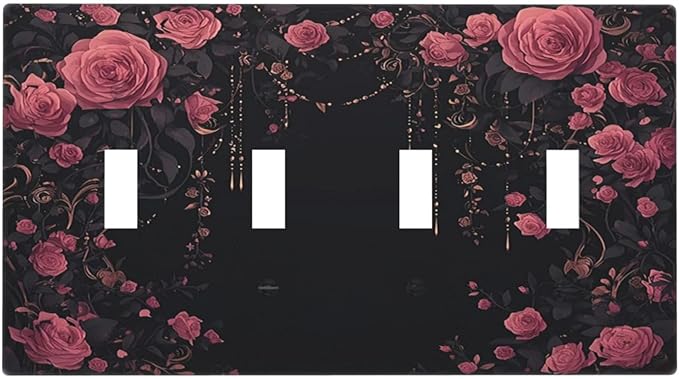 Light Switch Covers Dark Background Red Rose Leaf Quad Toggle Electrical Faceplate 4 Gang Wall Plate Decorative Switch Plates for Bedroom living Room Decor