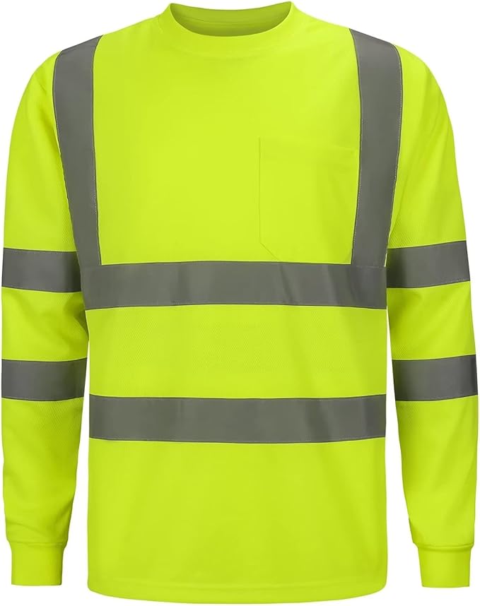 High Visibility Class 3 T Shirts，Hi Vis Safety Shirts with Reflective Strips and Pocket, Long Sleeve Quick Dry Mesh Construction Work Shirt for Men/Women Lime,5XL