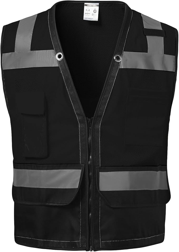 Reflective Safety vest With back plan pocket,High visibility Class 2 Heavy Duty Surveyor Vest with Zipper,Hi Vis Vest ANSI/ISEA Standard, Construction Work Vest for Men＆Women(Black,XL)