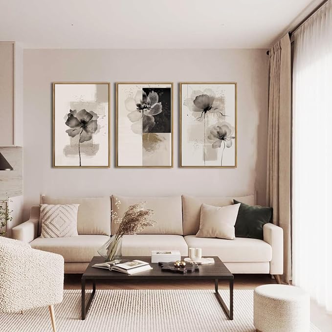 IARTTOP Framed Black Neutral Large Canvas Wall Art 16x24 Inch Minimalist Abstract White Tan Brown Flower Wall Decor Set of 3 for Living Room Bedroom Dining room