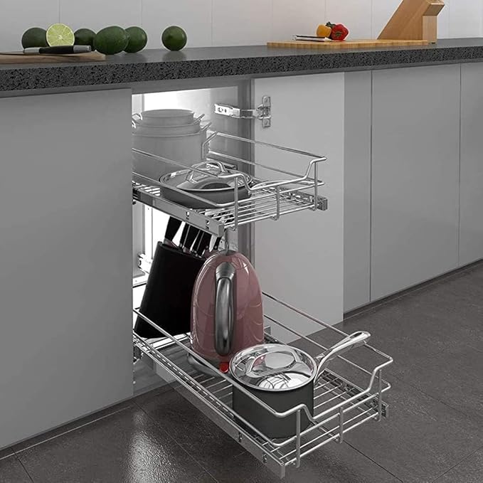 2 Tier Pull Out Cabinet Organizer 11" W X 17" D, Slide Out Drawers for Kitchen Cabinets, Pull Out Drawers for Cabinets Capacity Heavy Duty Caddy, Cabinet Pullout Shelves Chrome-Plated,Bathroom Pantry