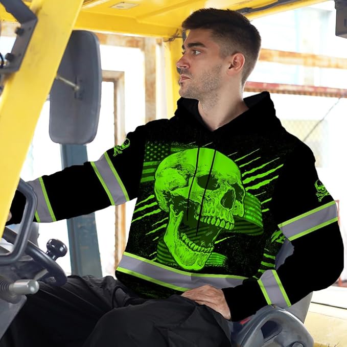 Matedecor Skull US Flag Reflective High Visibility Hoodie For Men Construction Hi Vis Safety Workwear Custom Name