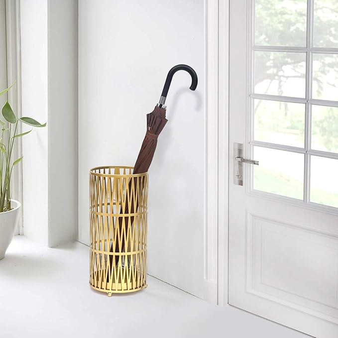 Joveco Umbrella Racks- Gold Metal Round Umbrella Stand Holder with Drip Tray for Home Entryway- Free Standing Holders for Canes Walking sticks and Hiking Poles (Gold Chevron)