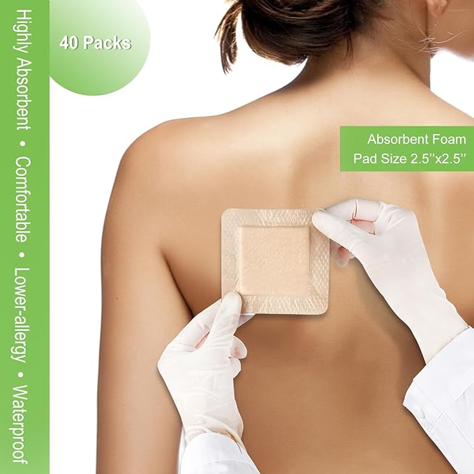 NeuHeils Silicone Foam Dressing with Gentle Border 4''x4'', 40 Pack - High Absorbency Waterproof Wound Bandage for Bed Sores, Leg Ulcers & Surgical Wounds