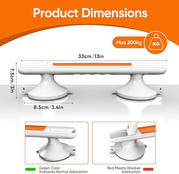 Showers Bathtubs Grab Bars, Slip Grip Handrails, Heavy Duty Anti Slip Grip, Removable Safety Rail, Cup Handle with Pressure Indicator, No Drill Installation, Safety Support (Orange)