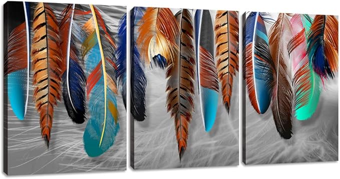 Yetaryy 3 Panels Canvas Wall Art Modern Wall Decor Landscape Color Feather Cool Painting Picture Print Poster Artwork Wall Decoration Home Decor for Living Room Dining Room Bedroom - 60" Wx28 H