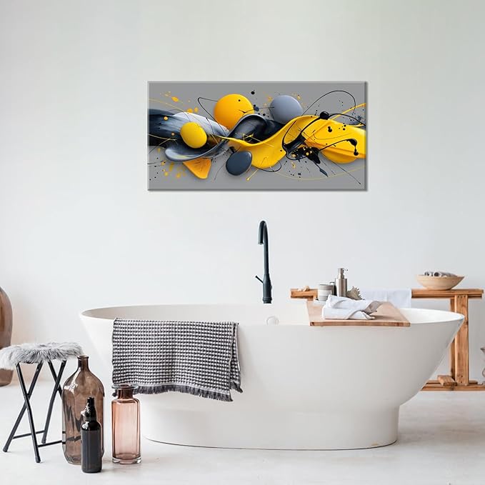 Yellow Abstract Splash Pigment Wall Art for Bedroom Canvas Painting Prints Dynamic Art Deco Gray Vibrant Artwork Office Family Decor