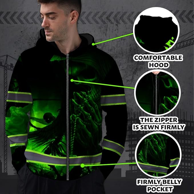 Maddly Hi Vis Reflective Zip Up Hoodie, High Visibility Safety Jacket with Skull Design for runner, worker, trucker, cyclist