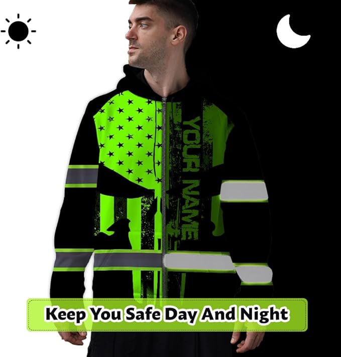 Maddly Hi Vis Reflective Zip Up Hoodie, High Visibility Safety Jacket with Skull Design for runner, worker, trucker, cyclist
