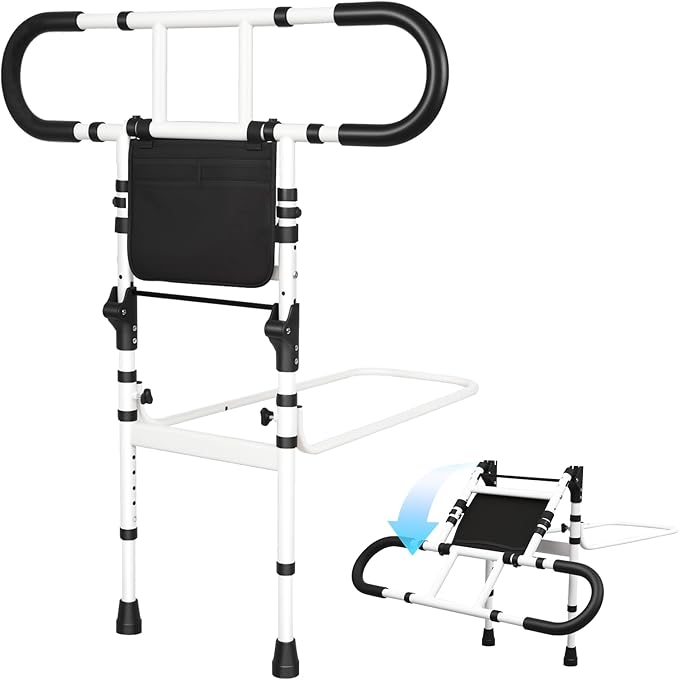 Bed Rails for Elderly Adults Safety, Bed Cane for Seniors, Adjustable Height Grab Bar Handrails with 2 Ergonomic Handles and Storage Pocket, Support up to 300 lbs, 180° Foldable Assist Rail