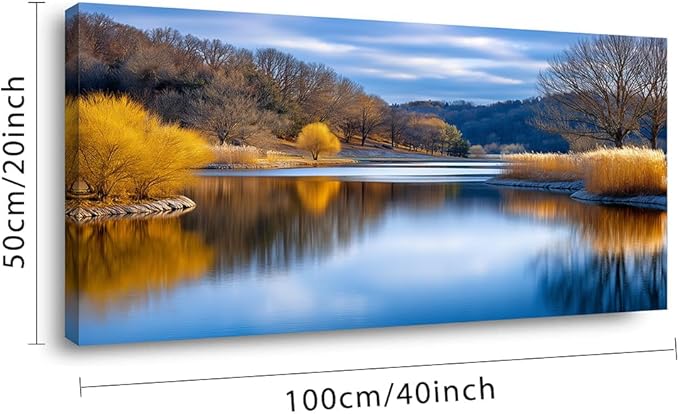 Beautiful Yellow Forest Park Wall Art for Living Room Office Calm Lake Blue Painting Prints Nature Autumn Canvas Artwork Over The Couch Bedroom Decor