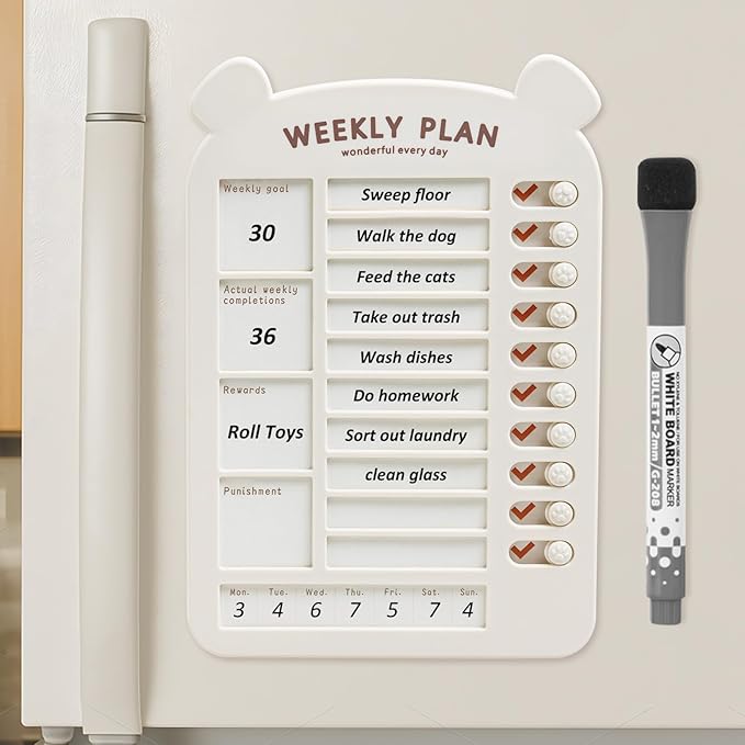 Weekly Chore Chart for Kids Dry Erase Chore Board,Behavior Chore Chart for Multiple Kids, Cute Visual for Kids Schedule Board for Home, Kids Checklist to Do List ADHD Tools (Weekly Plan, 1)
