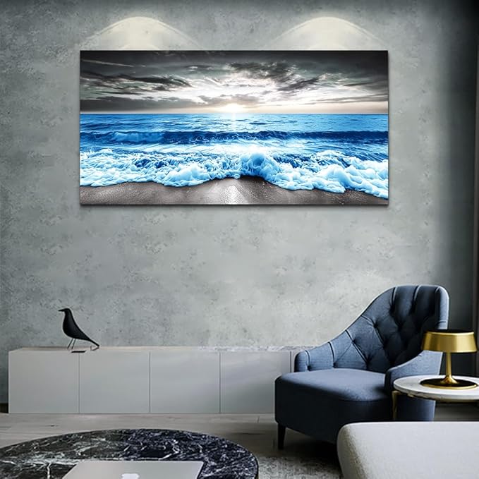MHARTK66 Wall Art For Living Room Large Wall Decor For Office Modern Bedroom Wall Decor Blue Beach Sun Ocean Landscape Canvas Prints Wall Paintings Seascape Framed Pictures Artwork Home Decor 40x20