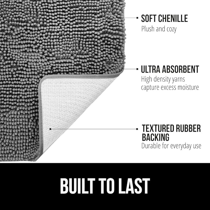 GORILLA GRIP Bath Rug Mat 30x20, Thick Soft Absorbent Chenille, Quick Dry Microfiber Mats, Rubber Backing Washable Shower Floor Rugs, US Designed Bathroom Bathmat Home Decor Accessories, Grey