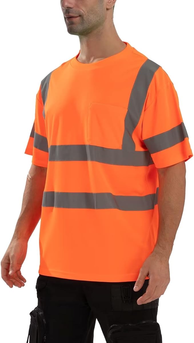 High Visibility Class 3 T Shirts，Hi Vis Safety Shirts with Reflective Strips and Pocket, Short Sleeve Quick Dry Mesh Construction Work Shirt for Men/Women Orange,XL
