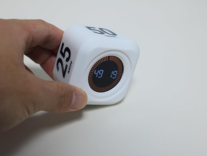 Rotating Cube Pomodoro Timer 5, 25, 10, 50 Min Preset + Custom Countdown, Desk Productivity Flip Visual Timer w/Silicone Case, Silent Mode, Ideal for ADHD Tool Study Work School (White)